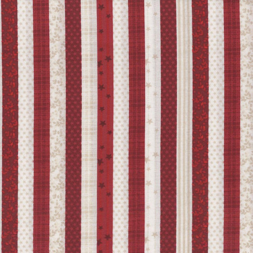 Benartex Fabrics American Valor Cheryl Haynes Red Patriotic Stripe, fabric with vertical red, white, and beige stripes featuring stars and floral patterns suitable for patriotic crafts and quilt projects.