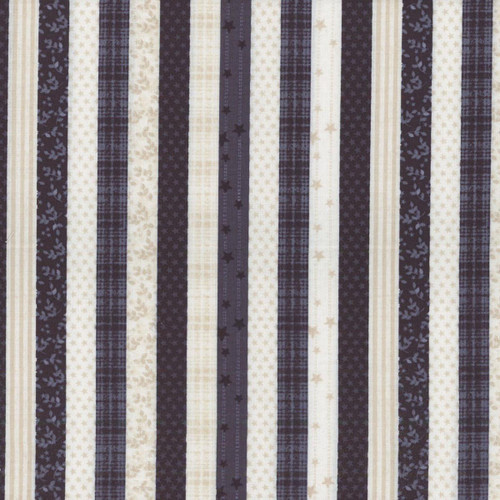 Benartex Fabrics American Valor Cheryl Haynes Navy Blue Patriotic Stripe, navy blue and beige striped fabric with stars, floral, and plaid patterns.
