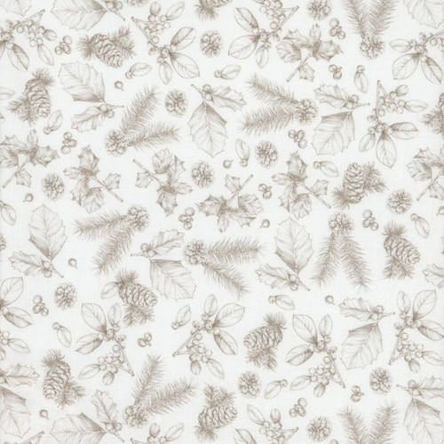 Lumin Fabrics White Owl Textiles Feathered Festivities Sketches White Gray, a fabric with detailed illustrations of holly leaves, berries, pinecones, and feathers in white and gray tones for holiday and winter decorations.