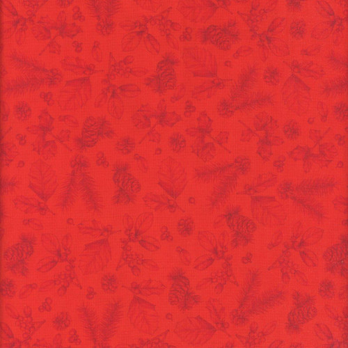 Lumin Fabrics White Owl Textiles Feathered Festivities Sketches Red, fabric featuring a red background with subtle feathered festivity sketches of leaves, berries, and pinecones in darker red tones.