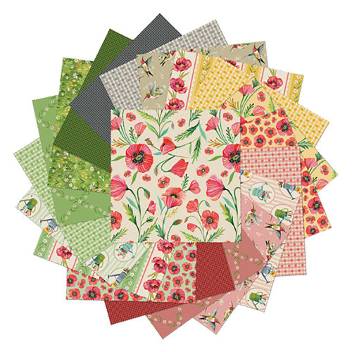 Benartex Fabrics Into the Meadow Katie Daisy Layer Cake Ten Inch Squares, a collection of colorful fabric squares featuring floral, hummingbird, and gingham patterns.