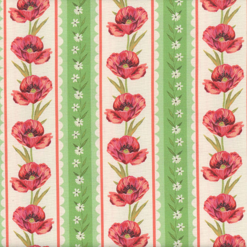Benartex Fabrics Into the Meadow Katie Daisy Poppy Stripe Green Natural Cream
