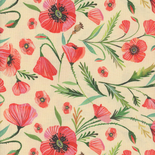 Benartex Fabrics Into the Meadow Katie Daisy Field of Poppies Natural Cream
