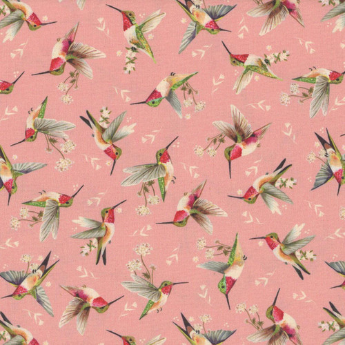 Benartex Fabrics Into the Meadow Katie Daisy Rose Pink Hummingbirds, pink fabric with colorful hummingbird illustrations and small white flowers.