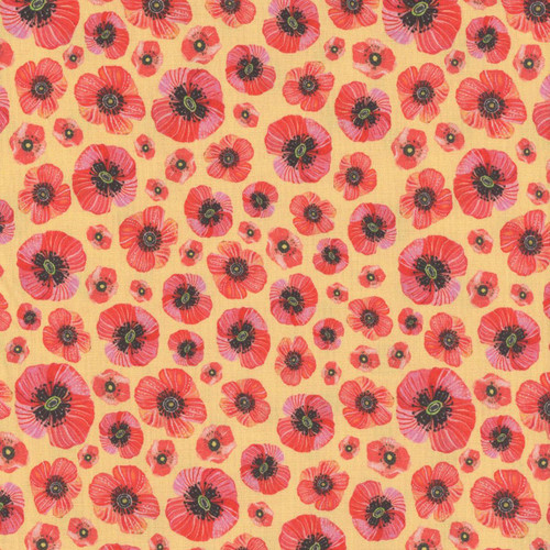 Benartex Fabrics Into the Meadow Katie Daisy Yellow Poppy Meadow, close-up of vibrant yellow fabric with a pattern of red and pink poppies, black centers, and green accents for floral quilting or crafting projects.