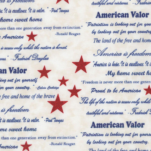 Benartex Fabrics American Valor Cheryl Haynes Natural Cream Patriotic Words, fabric with patriotic quotes and red stars on a cream background.