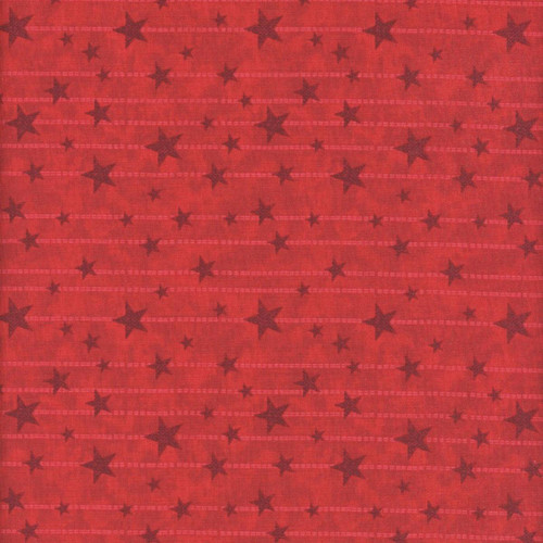 Benartex Fabrics American Valor Cheryl Haynes Red Stitches and Stars, patriotic fabric with red background and dark red stars arranged in rows.