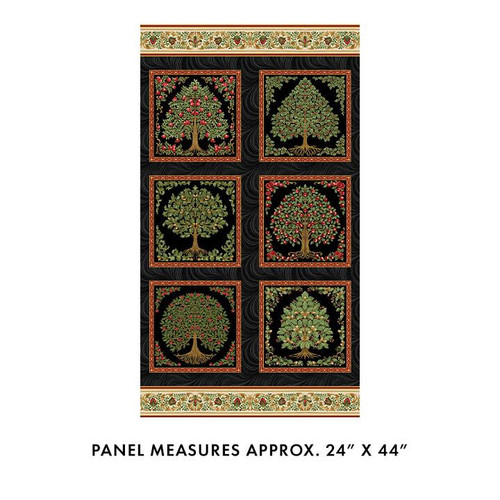 Benartex Fabrics All About Seasons - Winter Jackie Robinson Black Multi Winter Panel, featuring six colorful winter-themed tree panels on a black background with decorative borders.