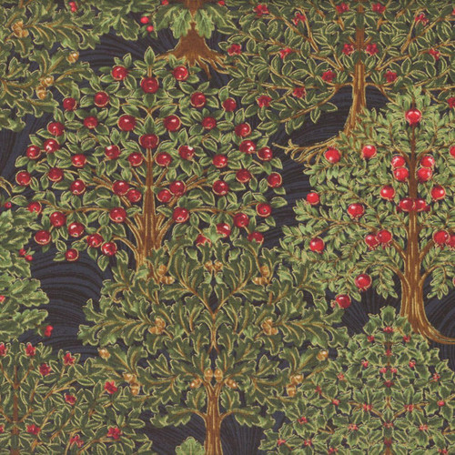 Benartex Fabrics All About Seasons - Winter Jackie Robinson Black Multi Winter Grand Trees, fabric featuring detailed winter trees with red berries on dark background.