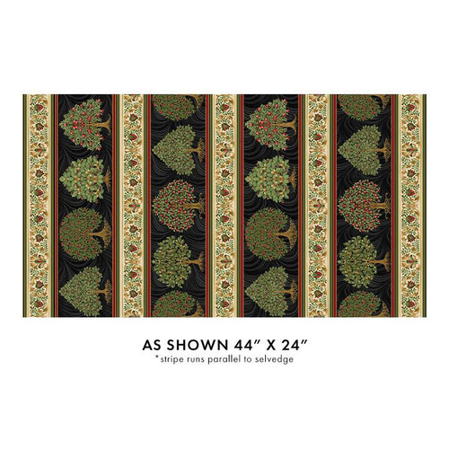Benartex Fabrics All About Seasons - Winter Jackie Robinson Black Multi Winter Stripe, fabric pattern with holiday trees and stripe design.