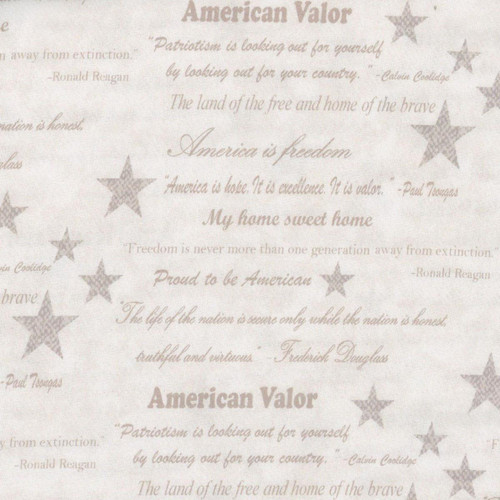 Benartex Fabrics American Valor Cheryl Haynes Cream Patriotic Words 108 Inch Wide Quilt Backing, fabric with patriotic text and stars pattern.