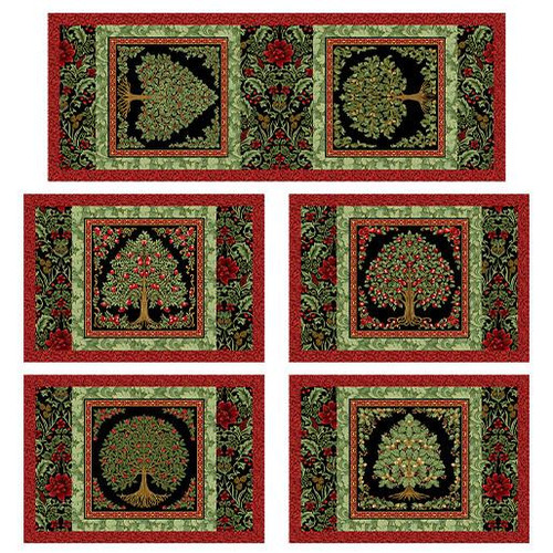 Benartex Fabrics All About Seasons - Winter Jackie Robinson Tree Time Quilt Kit Runner Placemats, a fabric set featuring Christmas tree motifs and floral patterns in green, red, and black colors.