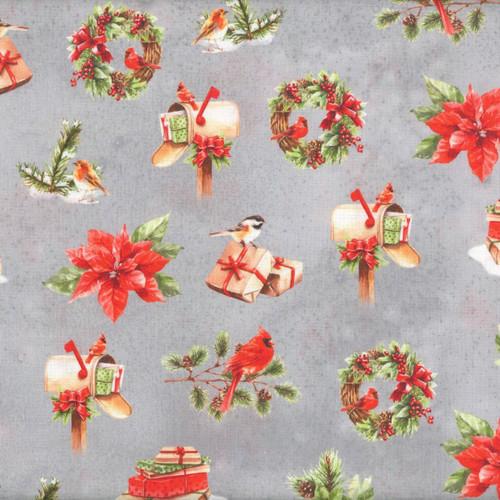 Lumin Fabrics White Owl Textiles Feathered Festivities Christmas Icons Gray, Christmas-themed fabric with owl, bird, wreaths, poinsettias, presents, and holiday motifs on a gray background.