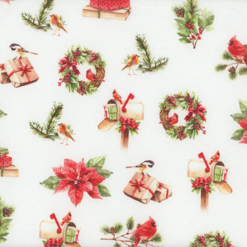 Lumin Fabrics White Owl Textiles Feathered Festivities Christmas Icons Light Gray, Christmas-themed fabric pattern featuring holiday icons such as birds, wreaths, poinsettias, gifts, and mailbox decorations on a light gray background.