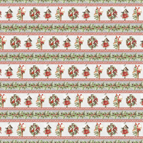Lumin Fabrics White Owl Textiles Feathered Festivities Repeating Stripe Multi, Christmas-themed fabric with festive wreaths, birdhouses, and holly leaves pattern with red accents.
