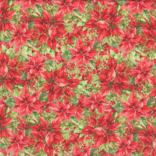 Lumin Fabrics White Owl Textiles Feathered Festivities Packed Poinsettias Multi, vibrant Christmas-themed fabric with red poinsettia flowers, green holly leaves, and red berries pattern.
