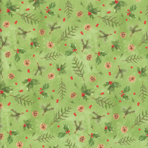 Lumin Fabrics White Owl Textiles Feathered Festivities Holly & Pine Green, a holiday-themed fabric featuring holly leaves, red berries, pinecones, and pine branches on a green background.