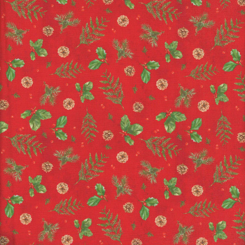Lumin Fabrics White Owl Textiles Feathered Festivities Holly & Pine Red, Christmas themed fabric pattern with holly leaves, pine branches, pinecones, and red background.