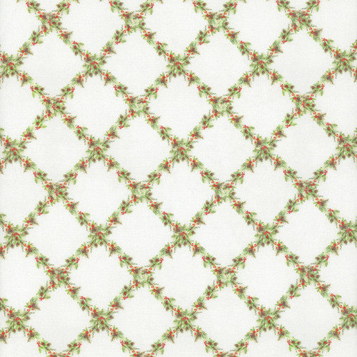 Lumin Fabrics White Owl Textiles Feathered Festivities Trellis White, fabric with a holiday-themed floral trellis pattern featuring green holly leaves and red berries on a white background.