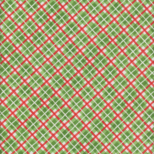 Lumin Fabrics White Owl Textiles Feathered Festivities Plaid Green, close-up of green and red Christmas-themed plaid fabric pattern.
