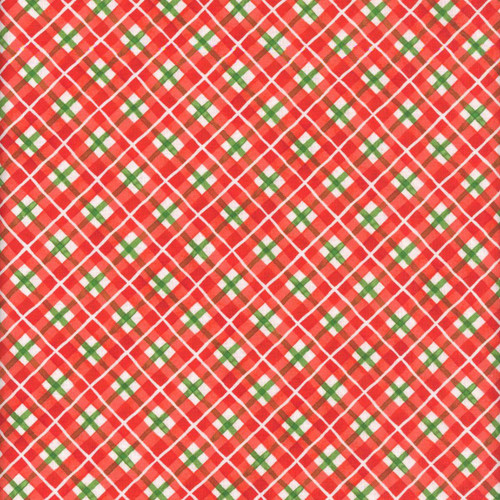 Lumin Fabrics White Owl Textiles Feathered Festivities Plaid Red, close-up of a festive red plaid fabric with green and white accents and crisscrossed lines.