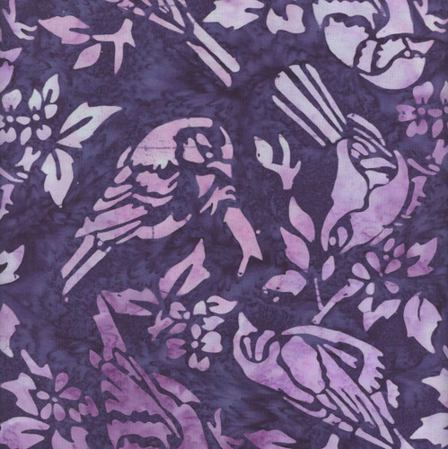 Riley Blake Fabrics Backyard Birds Batiks Grape Soda Purple Sparrows, batik fabric featuring purple and violet hues with bird and floral motifs.