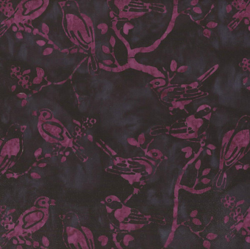 Riley Blake Fabrics Backyard Birds Batiks Plum Dressings Purple Love Birds in a Tree, batik fabric with purple bird and tree designs on black background.