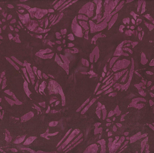 Riley Blake Fabrics Backyard Birds Batiks Thistle Purple Red Wine Sparrows, fabric with purple and red wine bird and floral pattern.