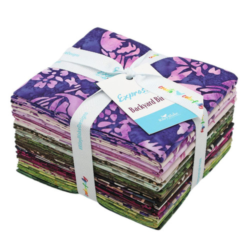 Riley Blake Fabrics Backyard Birds Batiks 21 Fat Quarters, folded colorful cotton fabrics with bird and nature patterns, tied with a white ribbon.