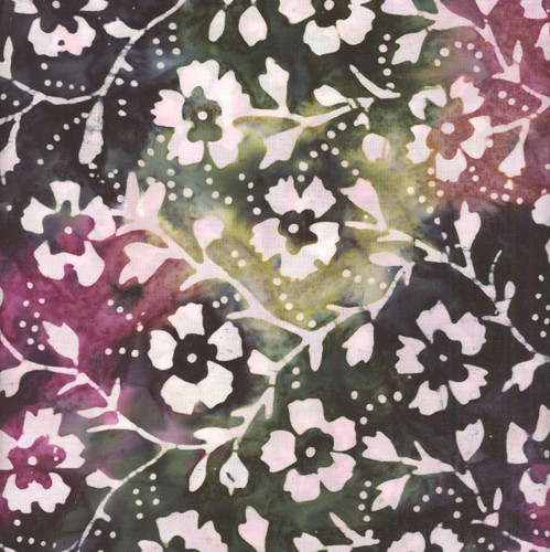 Riley Blake Fabrics Backyard Birds Batiks Spunky Cream Deep Purple Flower Vine, fabric with a floral vine pattern featuring white flowers and green leaves on a dark purple background.