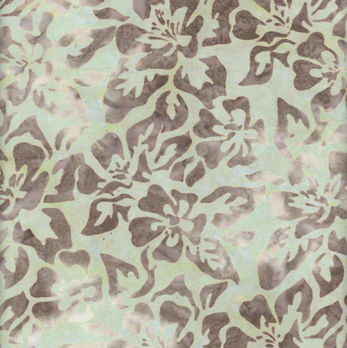 Riley Blake Fabrics Backyard Birds Batiks Icy Mint Green Grey Hibiscus Flowers, fabric with an abstract tropical floral pattern in muted mint green and grey tones.