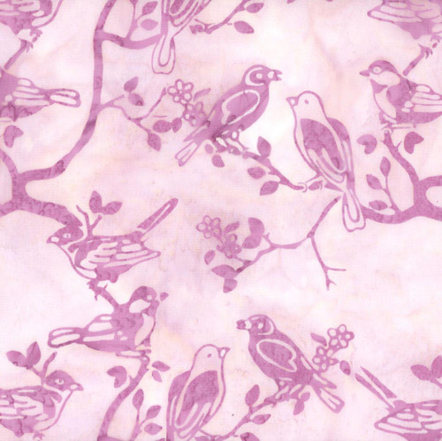 Riley Blake Fabrics Backyard Birds Batiks Ballet Slipper Pink Love Birds in a Tree, pink background with purple love bird and bird motifs on fabric.