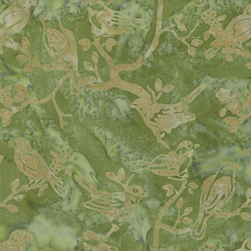 Riley Blake Fabrics Backyard Birds Batiks Limewash Green Love Birds in a Tree, fabric design featuring birds, branches, and foliage in a green batik style.
