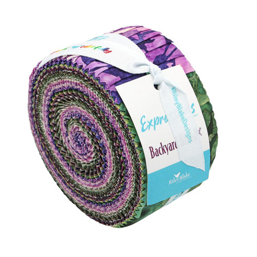 Riley Blake Fabrics Backyard Birds Batiks 2.5 Rollie Pollie Jelly Roll Fabric Strips, colorful fabric rolls with various purple, green, and patterned batik designs.