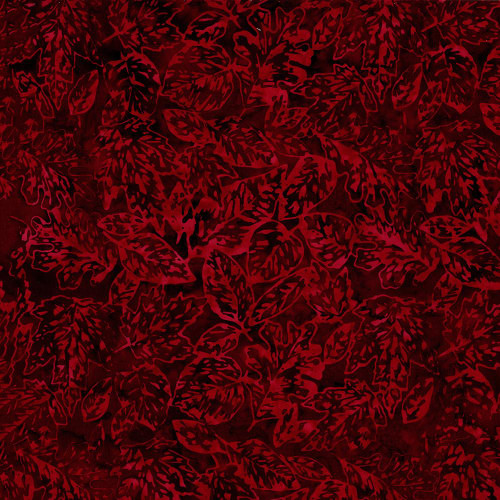 Timeless Treasures Fabrics Tonga Batiks Poinsettia Packed Leaves Crimson Red, fabric with a botanical pattern of poinsettia and leaves in shades of red.