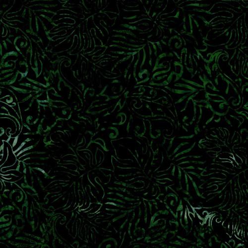 Timeless Treasures Fabrics Tonga Batiks Poinsettia Nature Hike Emerald Green, intricate green botanical batik pattern on black fabric.