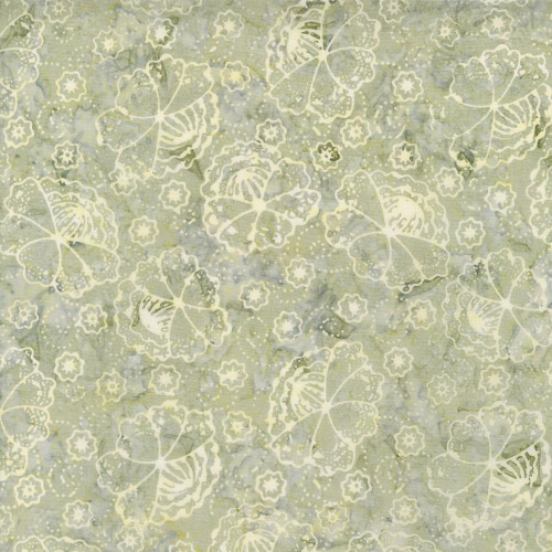 Timeless Treasures Fabrics Tonga Batiks Poinsettia Blossom Sage Green, fabric with a delicate pattern of white butterflies and tiny flowers on a soft green and blue watercolor background.