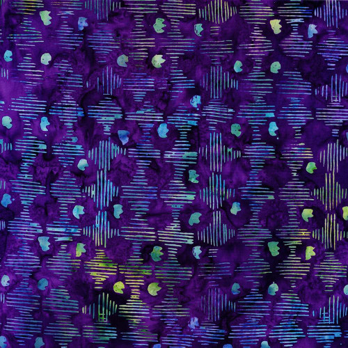 Timeless Treasures Fabrics Tonga Batiks Lilypad Water Reflection Lines Purple, purple water-themed batik fabric with water reflection lines and lily pad shapes in vibrant hues.