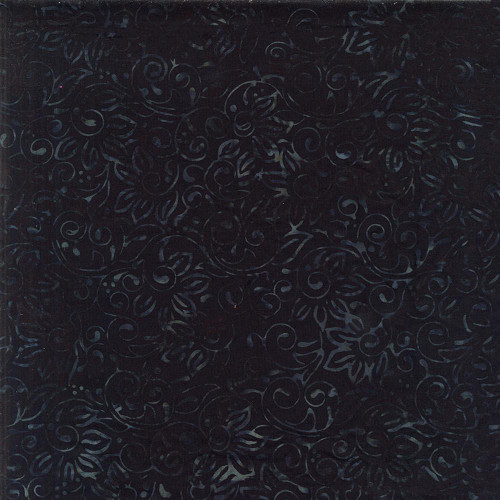 Timeless Treasures Fabrics Tonga Batiks Raven Halloween Vine Scroll Black, black fabric with intricate swirling vine and floral patterns in a Halloween-themed design.