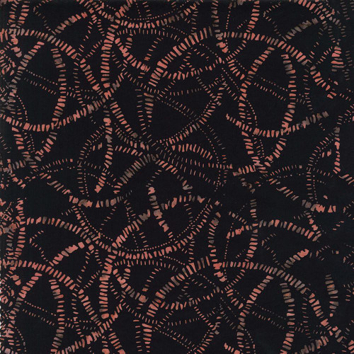 Timeless Treasures Fabrics Tonga Batiks Raven Halloween Spheres Spice Orange, a fabric with a black background and intricate swirling patterns of orange and light pinkish hues.