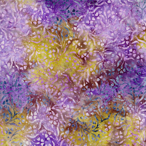 Timeless Treasures Fabrics Tonga Batiks Lilypad Vine Floral Thistle Purple, vibrant batik fabric with intricate lilypad vine and floral patterns in shades of purple, violet, and yellow.