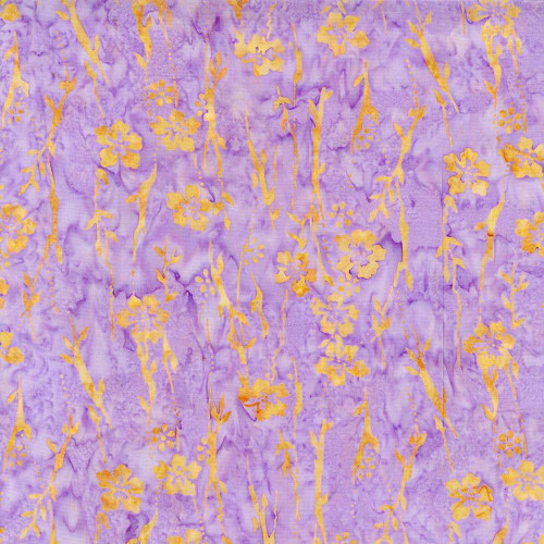Timeless Treasures Fabrics Tonga Batiks Lilypad Wild Flowers Orchid Purple, a vibrant fabric featuring a purple watercolor background with golden floral and branch patterns for quilting and crafting.