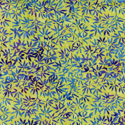 Timeless Treasures Fabrics Tonga Batiks Lilypad Bamboo Leaves Meadow Green, vibrant fabric with an intricate pattern of bamboo leaves in shades of blue and purple on a lime green background.