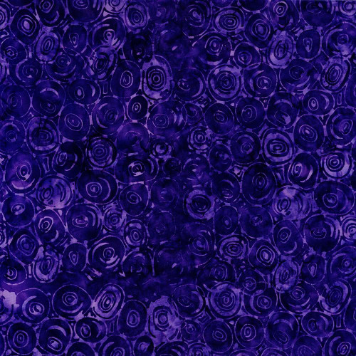 Timeless Treasures Fabrics Tonga Batiks Lilypad Rose Swirl Violet Purple, fabric with a vibrant purple background and a swirling rose pattern in various shades of violet.