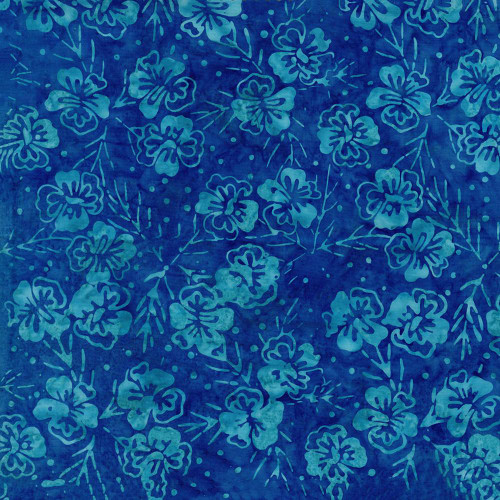 Timeless Treasures Fabrics Tonga Batiks Fandango Blue Flowers Blue, a fabric with a vibrant blue background featuring a floral batik pattern in varying shades of blue.
