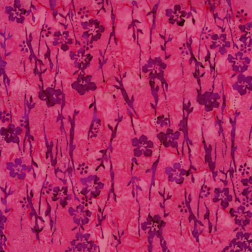 Timeless Treasures Fabrics Tonga Batiks Fandango Flower Garden Pink, vibrant pink fabric with purple floral and vine patterns.
