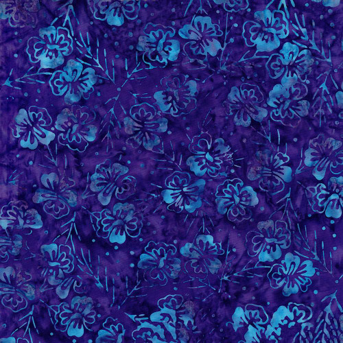 Timeless Treasures Fabrics Tonga Batiks Fandango Blue Purple Flowers Dream Purple, fabric featuring a vibrant purple background with blue floral batik patterns.