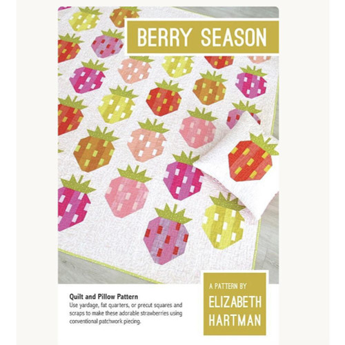Moda Fabrics Scenery Elizabeth Hartman Berry Season Quilt Pattern, colorful strawberry quilt with patchwork design and green leafy tops, on a white background with yellow accents.