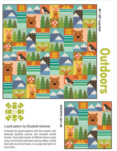 Outdoors Quilt Pattern by Elizabeth Hartman Moda Fabrics Scenery, colorful patchwork featuring bears, rabbits, deer, mountains, trees, mushrooms, and birds.