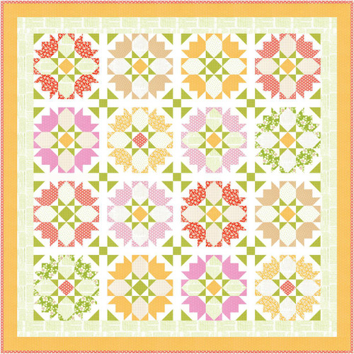 Moda Fabrics Summers End Garden Rosehips Quilt Kit, colorful patchwork quilt featuring floral and geometric patterns in pink, red, orange, green, and beige hues with a decorative border.